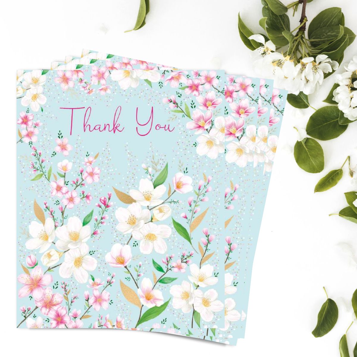 Notelets Thank You - White Flowers - Pack of 4