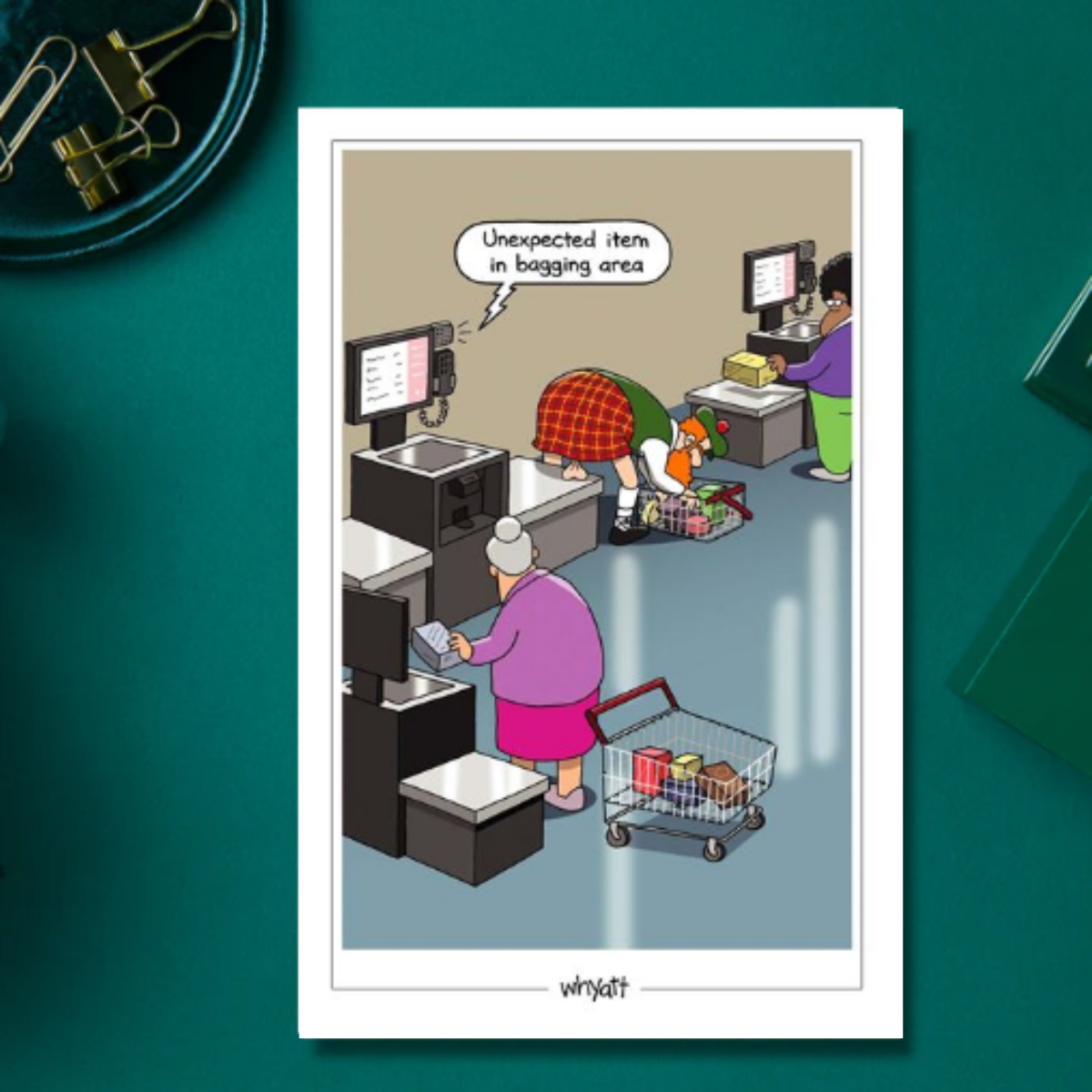 Funny card with scottish man in kilt with genitals resting on checkout scales flagging an unexpected item in bagging area