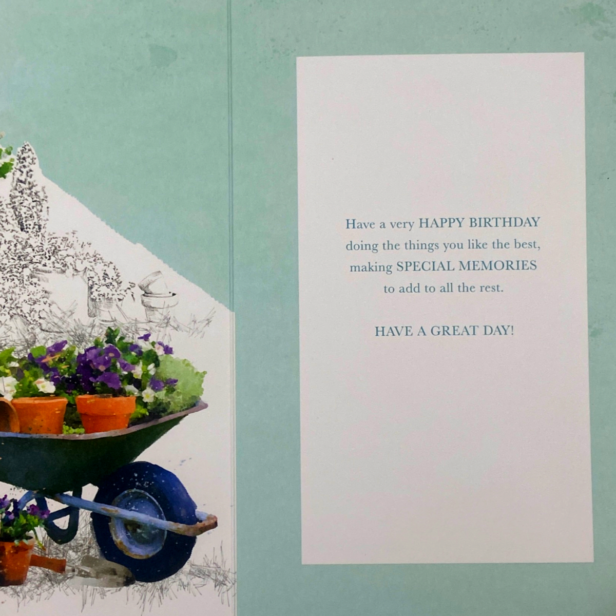 Inside with full colour print and wheelbarrow and text