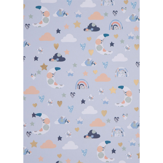 Blue giftwrap with moon and star print