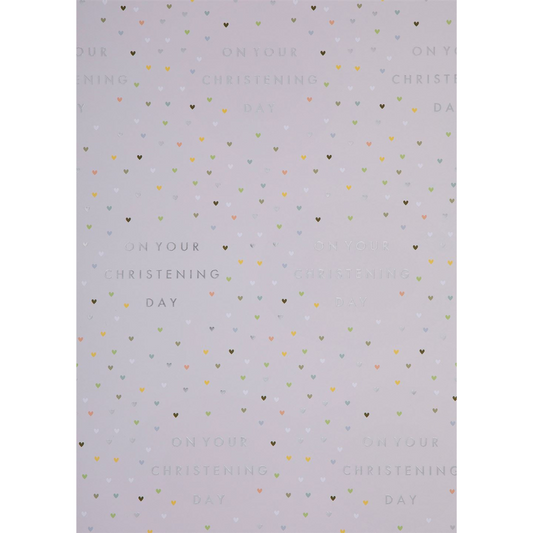 silver paper with multicolour hearts and text