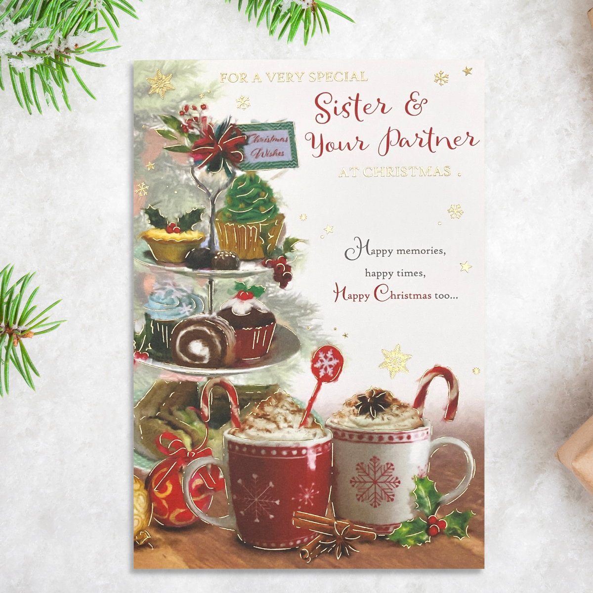 Selection of cakes and hot chocolates with verse on front of card