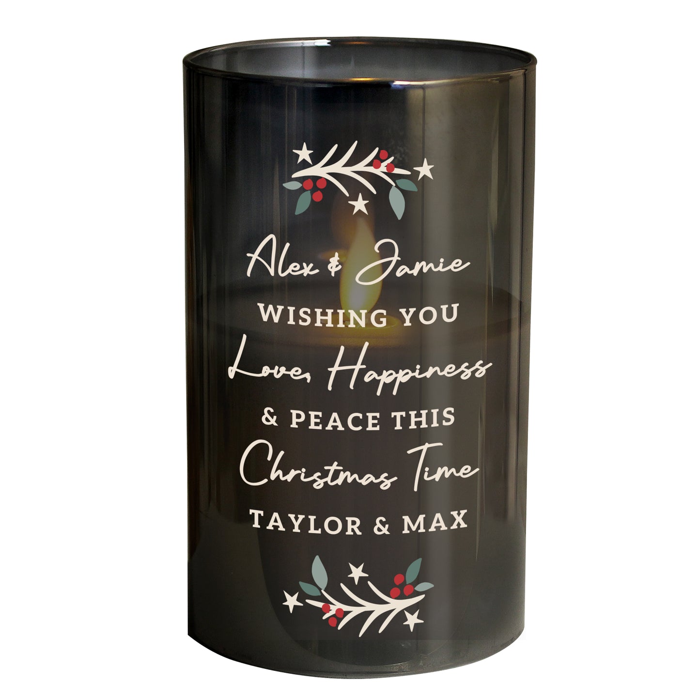 Smoked glass candle holder with Christmas-themed text and designs on a white background