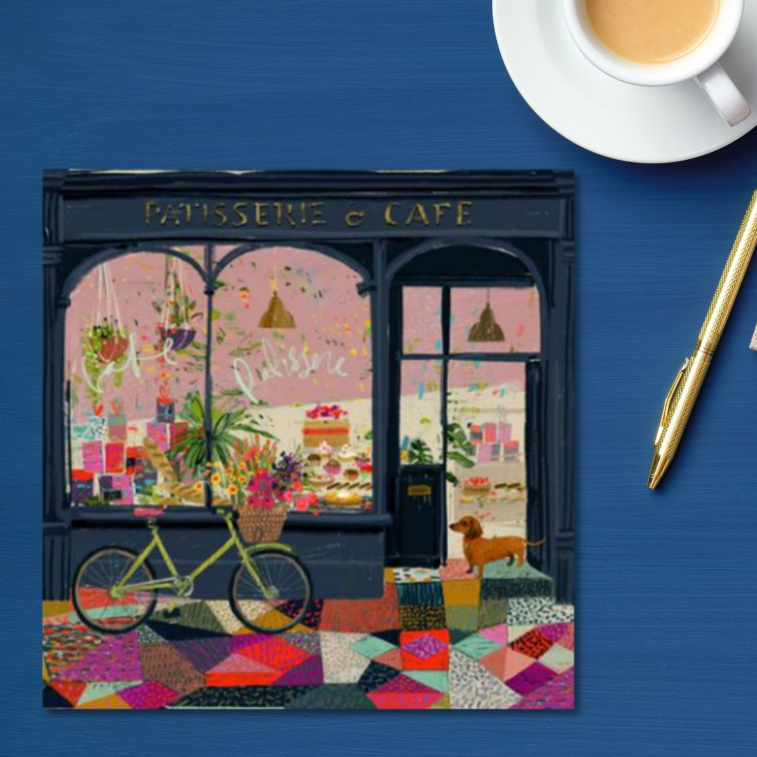 Square card with illustration of patisserie shop and sausage dog