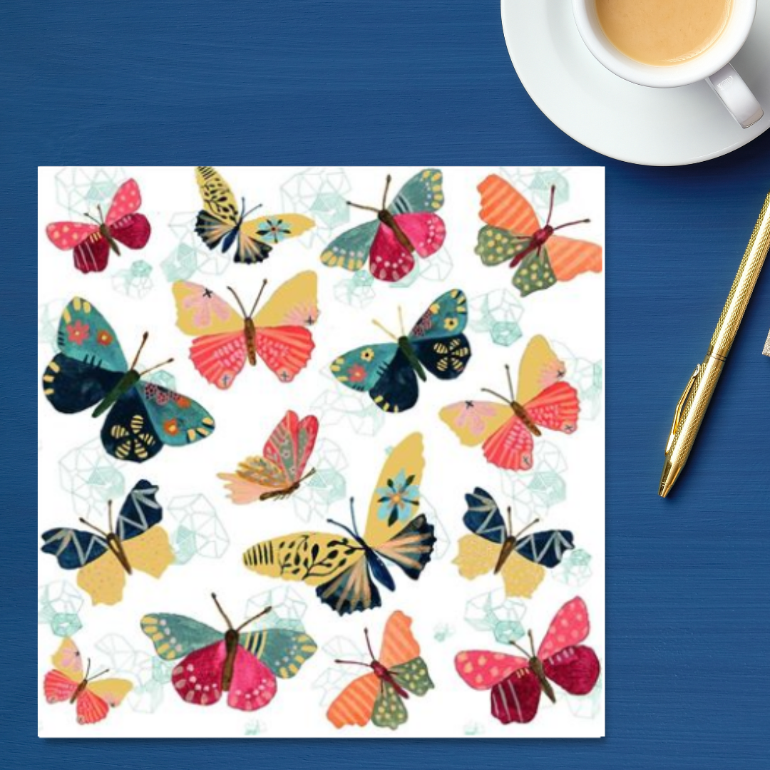 White square card with multiple butterfly print