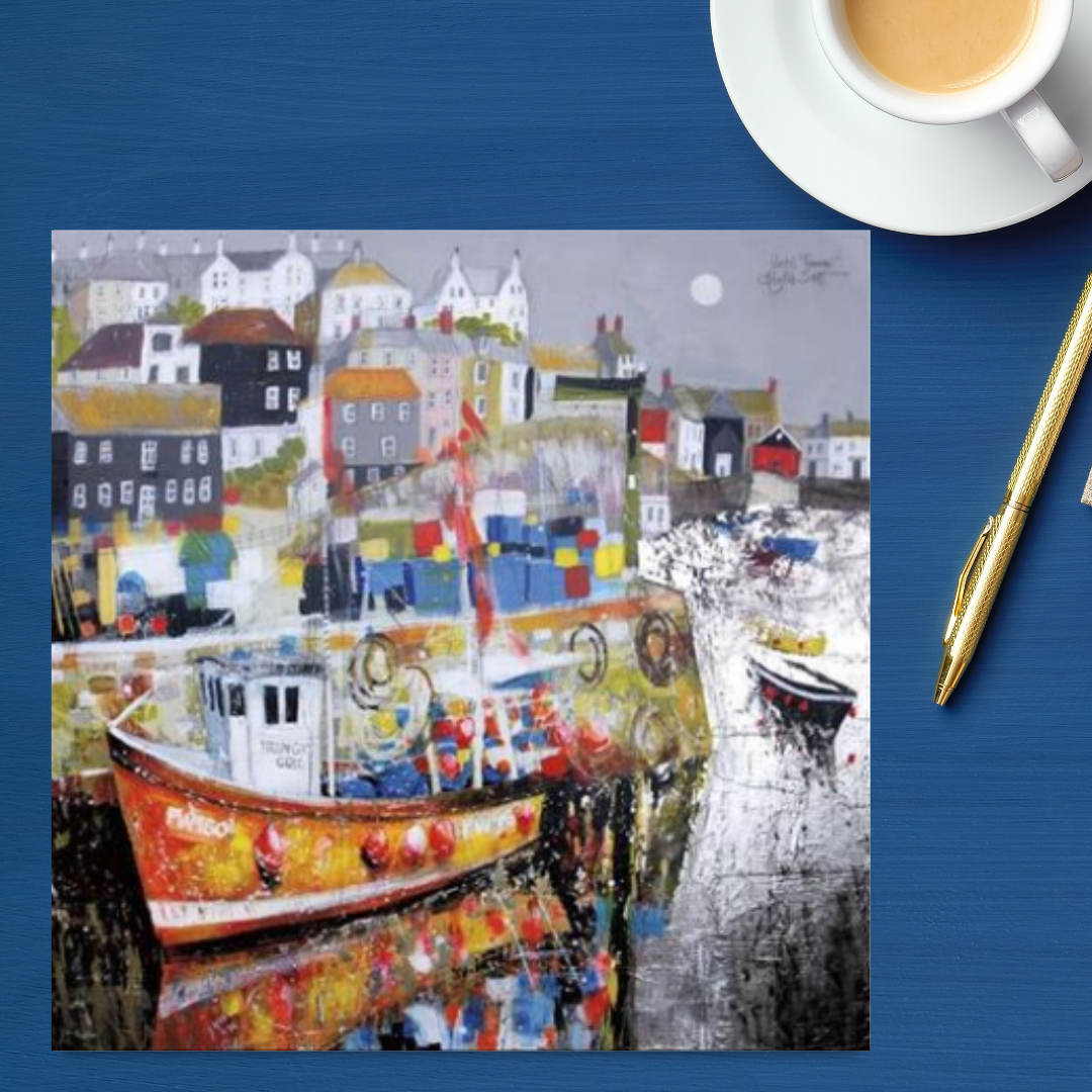 Square card with illustration of a harbour