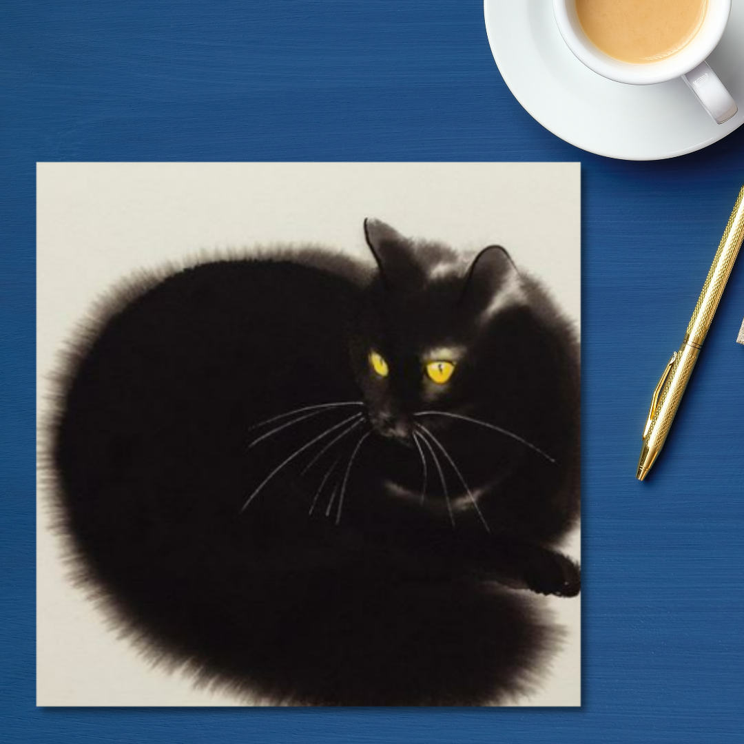 Black cat illustration on square card