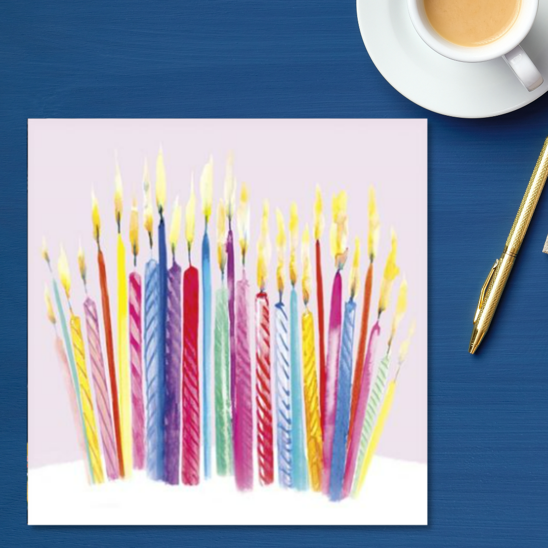 Square card with multiple candles in birthday cake illustration