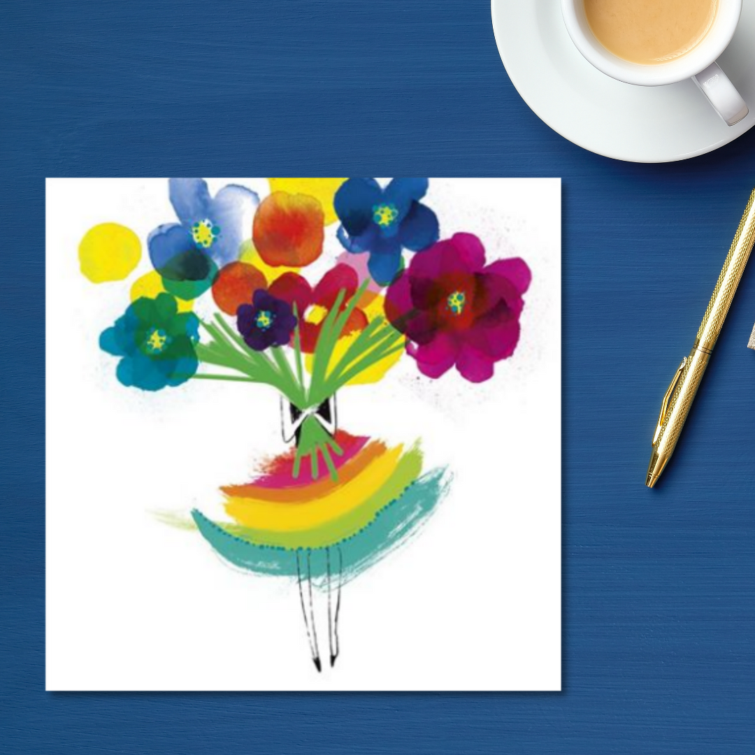 White card with illustration of woman in rainbow dress with bright coloured flowers