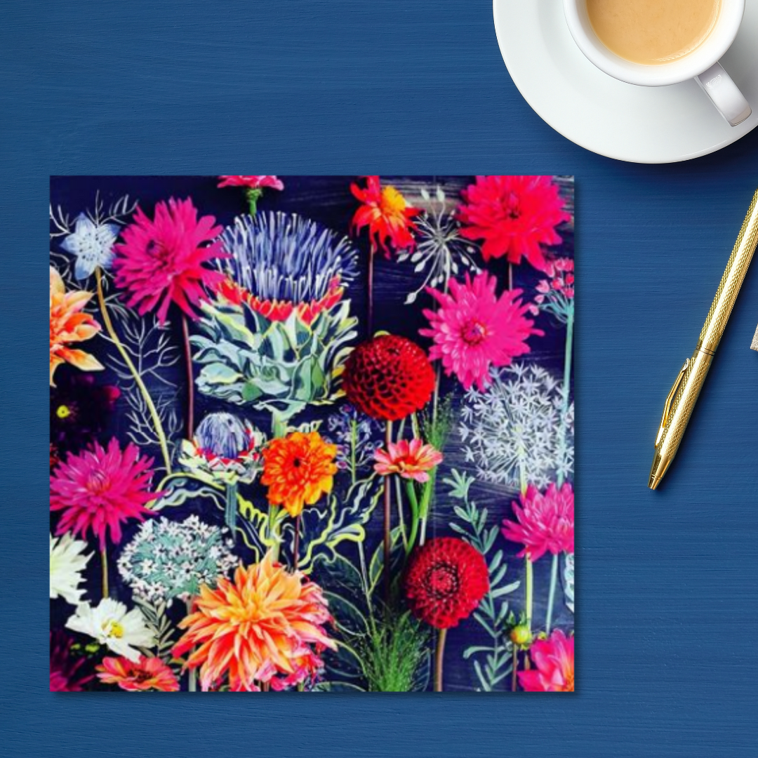 Square card with multiple Dahlias
