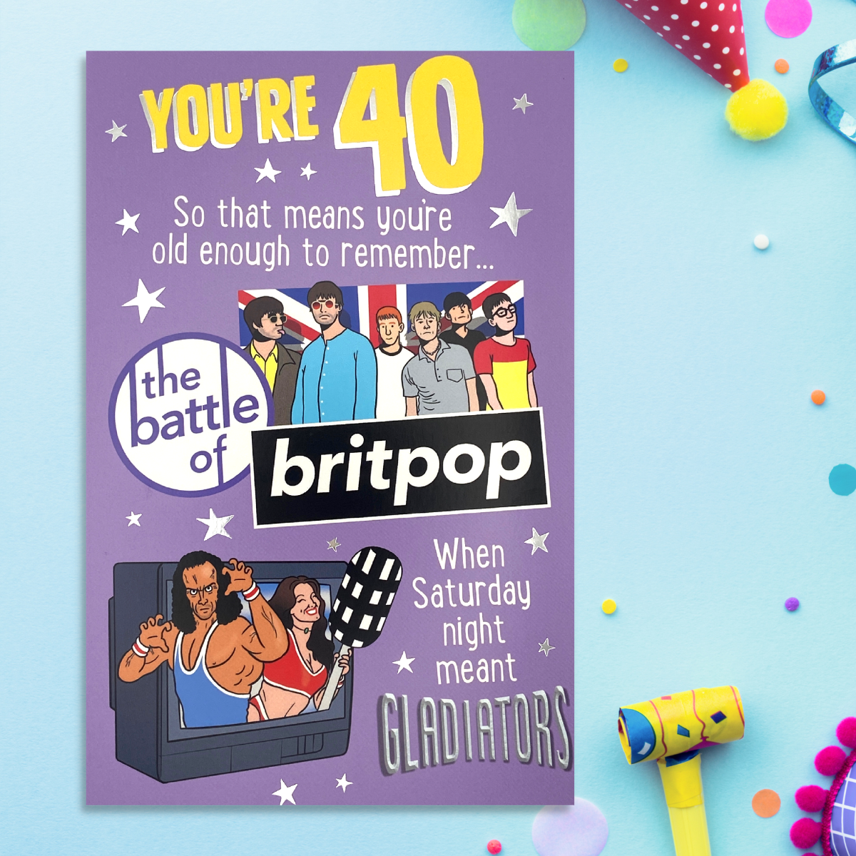 Purple colour card with cartoon graphics of britpop icons and gladiators with remember when style text
