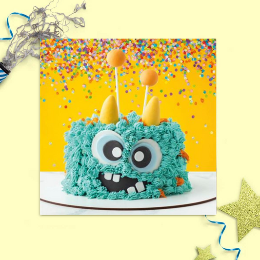 Square card with blue monster cake and confetti