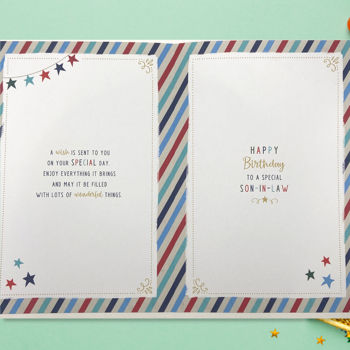 Inside image with striped border and full colour print and verse