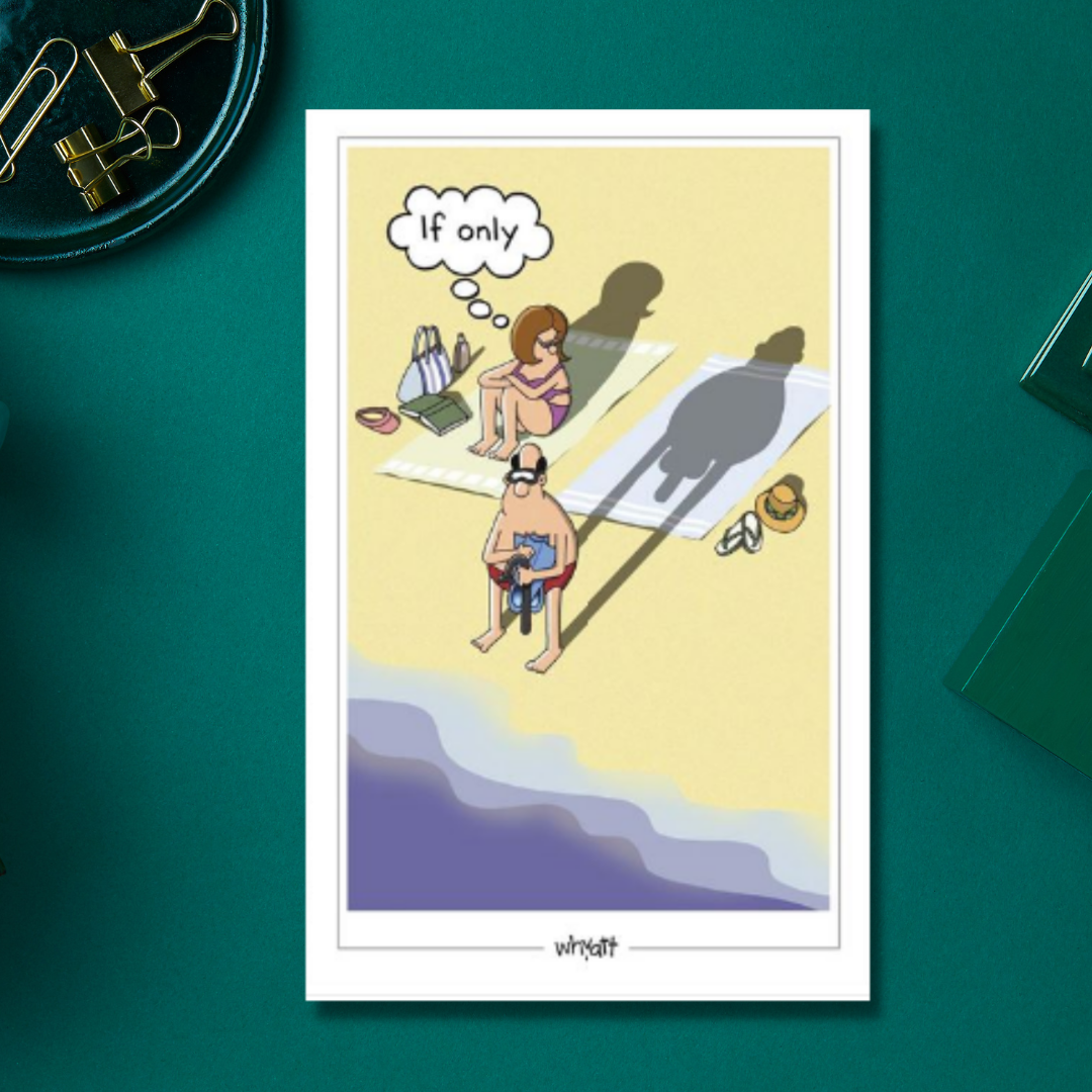 Humourous card with shadow of man on beach with rude silhouette