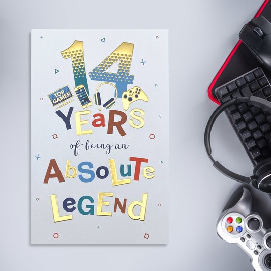 White card with colourful text and gaming illustrations. With gold foil accents
