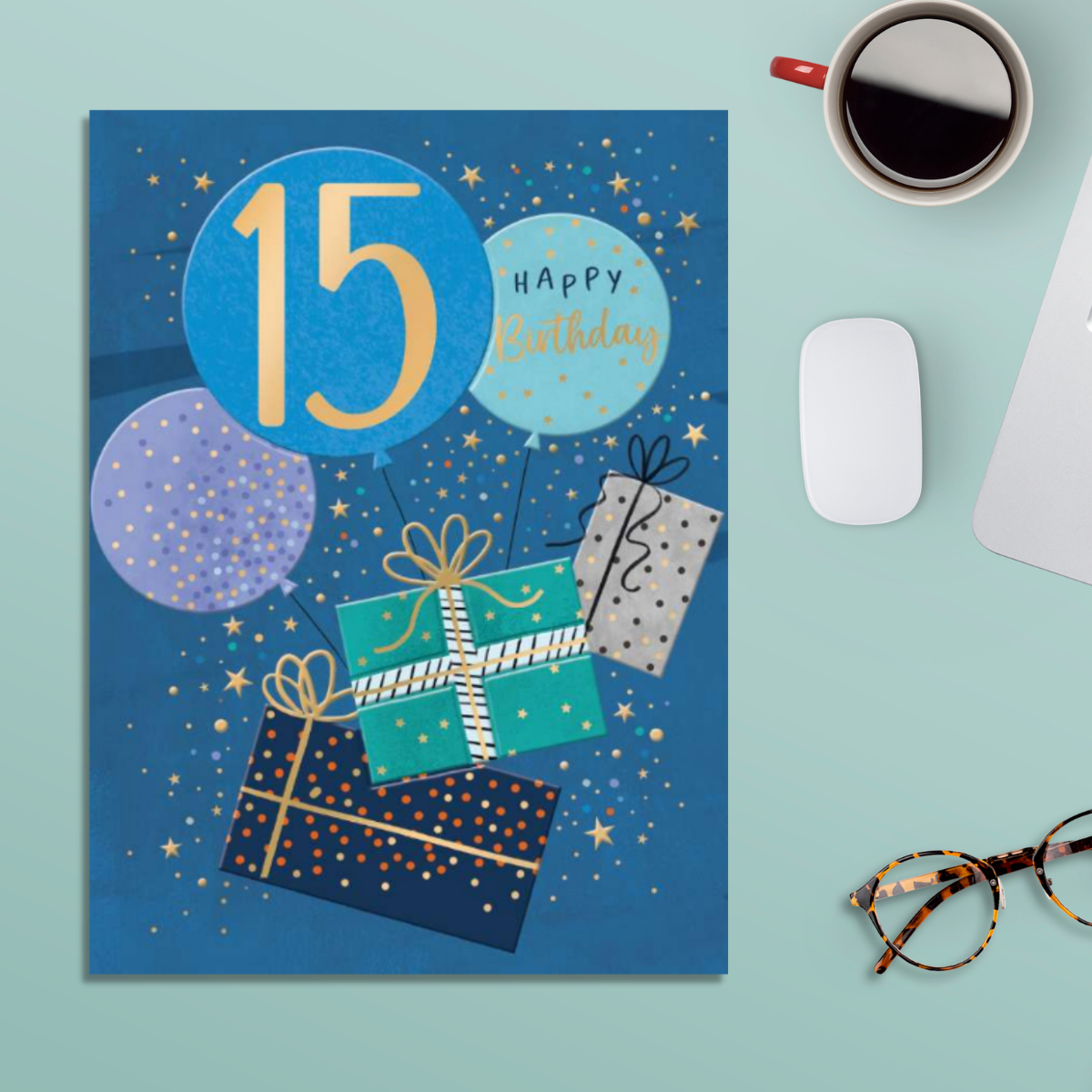 Blue card with blue and lilac balloons and gifts