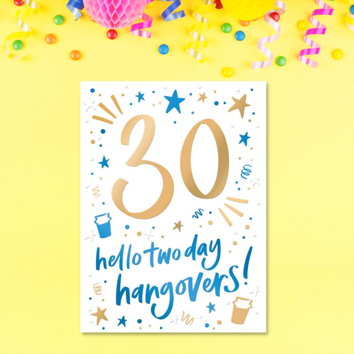 Blue and gold text and graphics including streamers, stars and beer