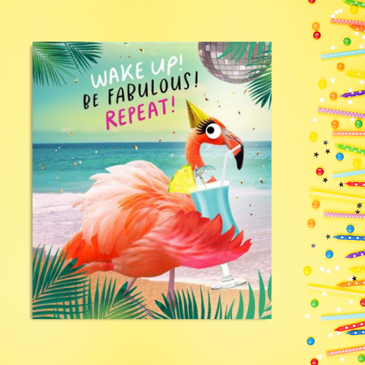 Square card with flamingo drinking cocktail on beach in party hat