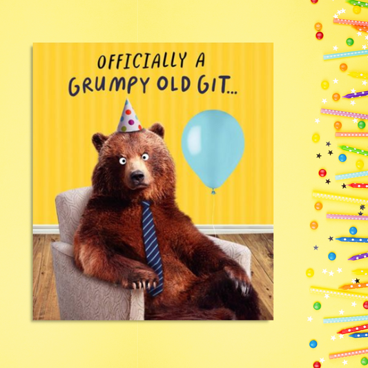 Square card with photo of a bear in party hat and holding blue balloon