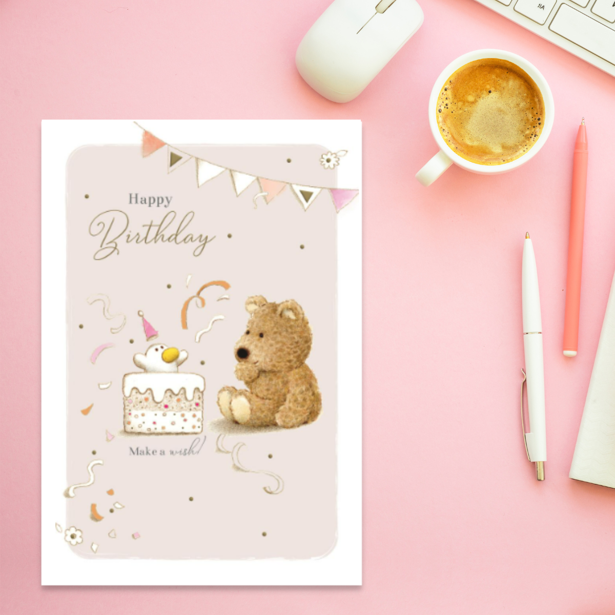 Cute Barley Bear character with Ducky inside birthday cake with bunting