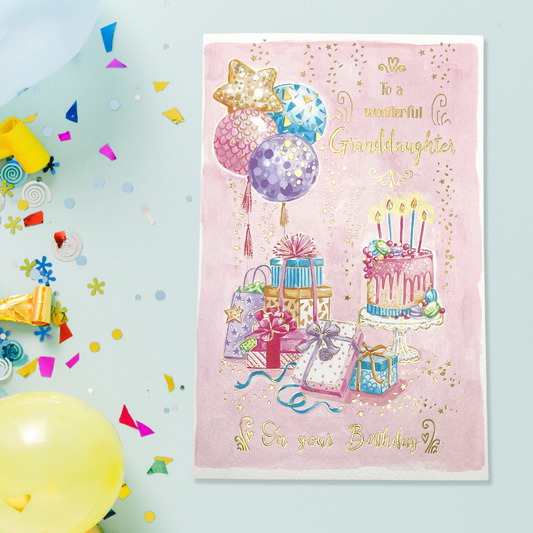 Large pink card with birthday cake, balloons and gifts illustrations