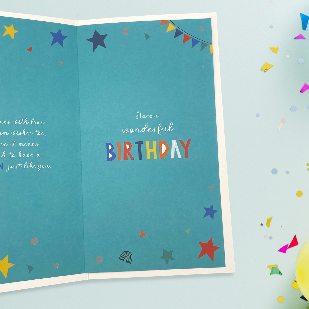 Inside image with green background, colourful stars and bunting with verse