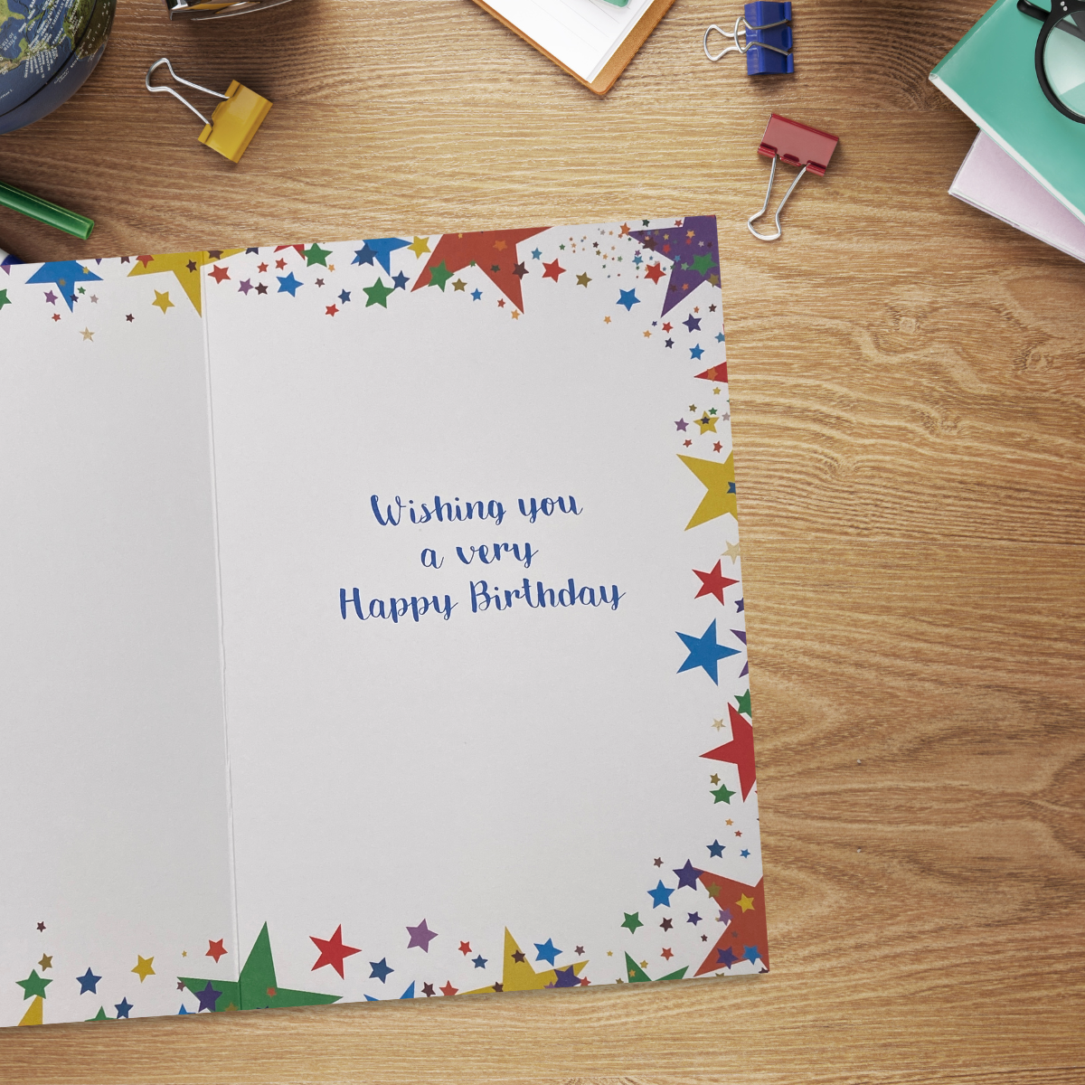 Inside image with coloured star border and verse