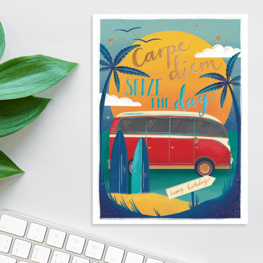 Sunset design with campervan and surf boards