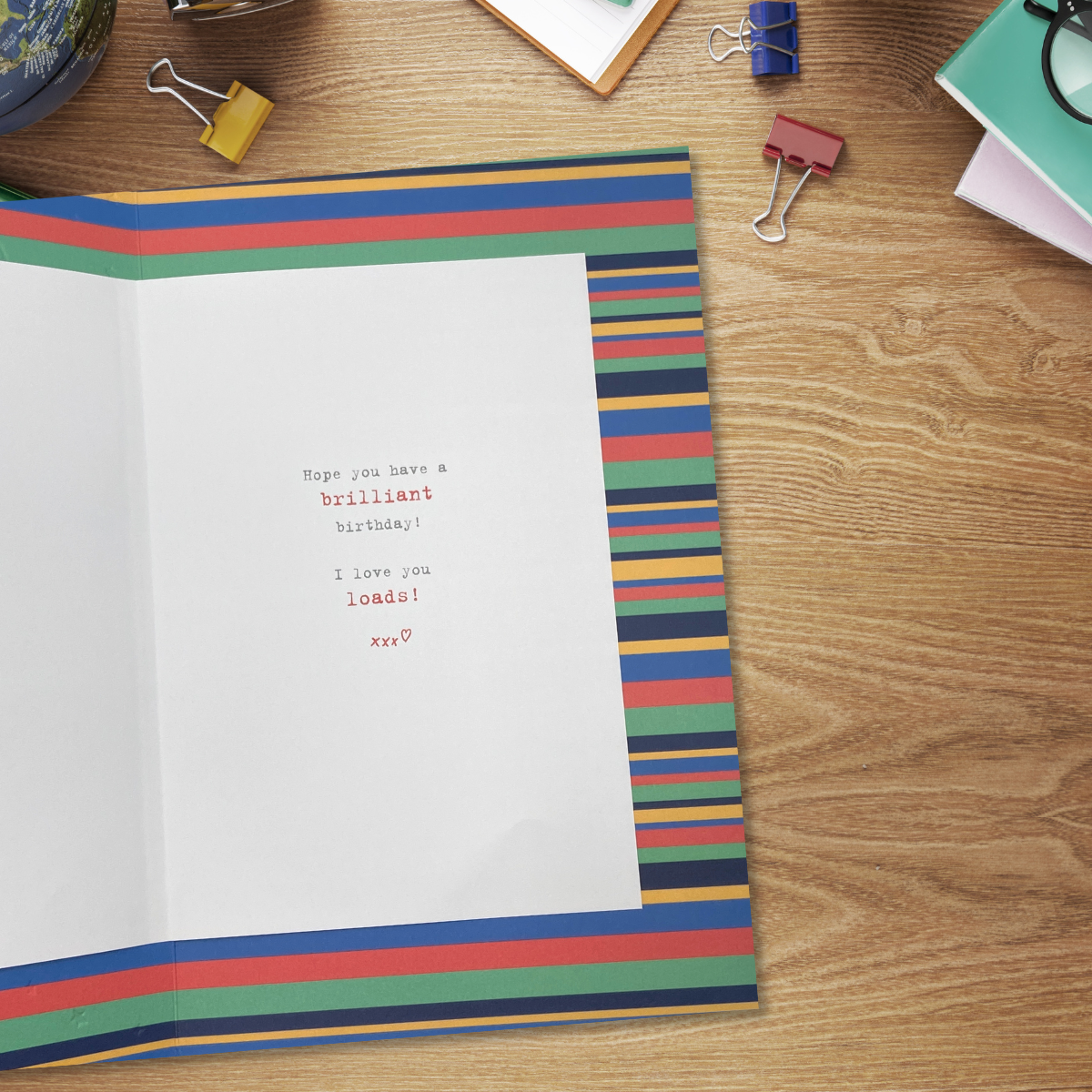 Inside image with bold multicolour stripe border and colour verse