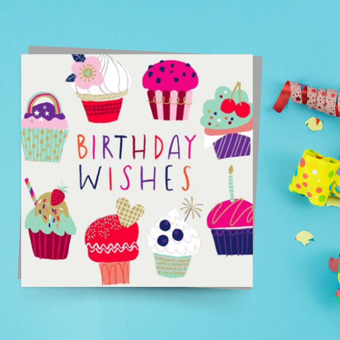 Square card with pink and purple cupcakes on grey background with multicolour text