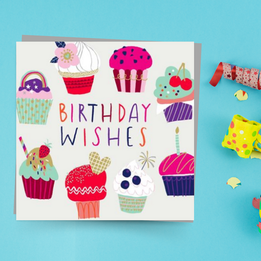 Square card with pink and purple cupcakes on grey background with multicolour text
