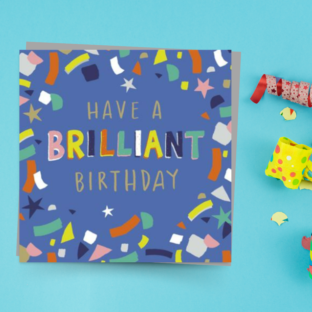 Square blue card with multicolour confetti border