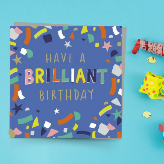 Square blue card with multicolour confetti border
