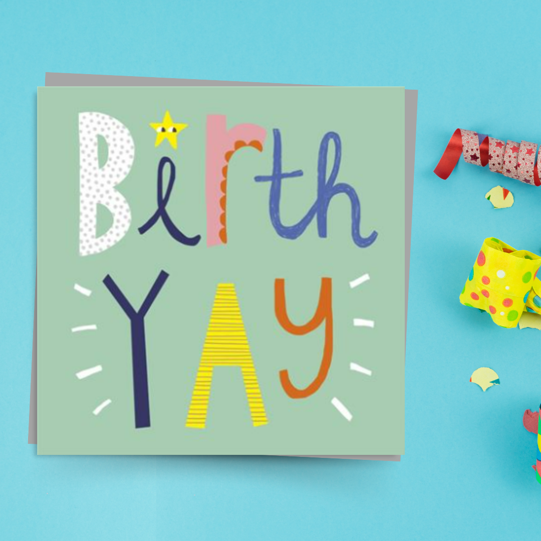 Green square card with multicolour text
