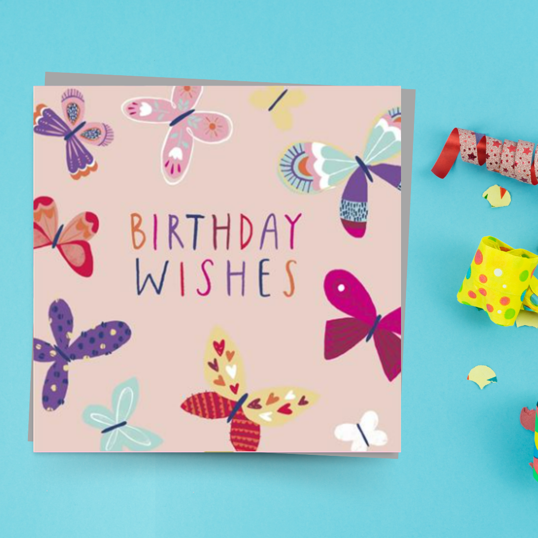 Square pink card with multi colour butterfly border and colourful text