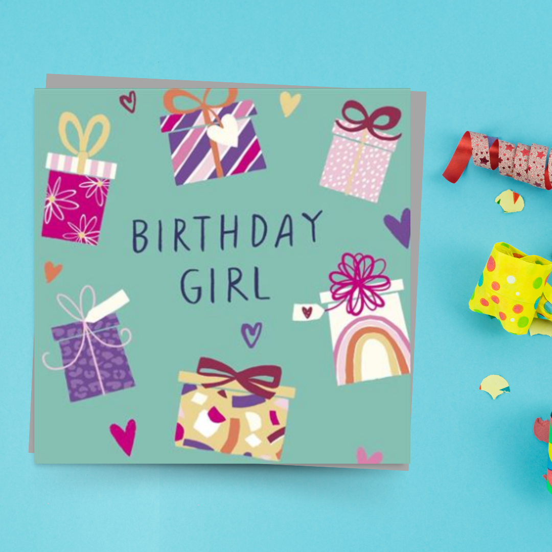 Square card with green background and multi colour present border