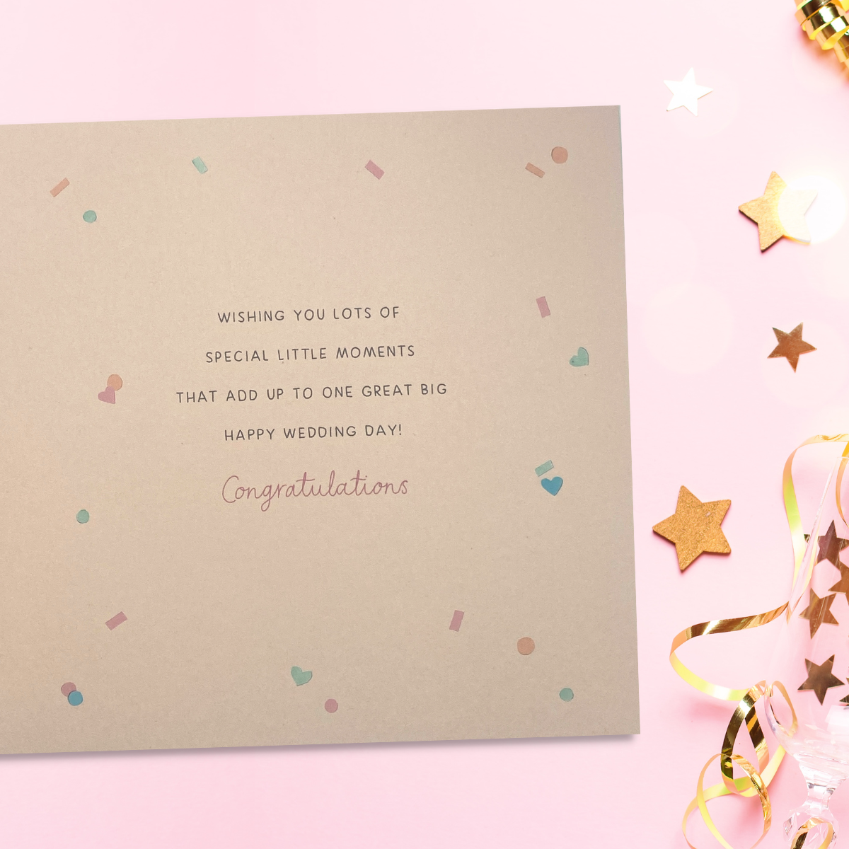 Inside image with peach colour design, confetti and verse
