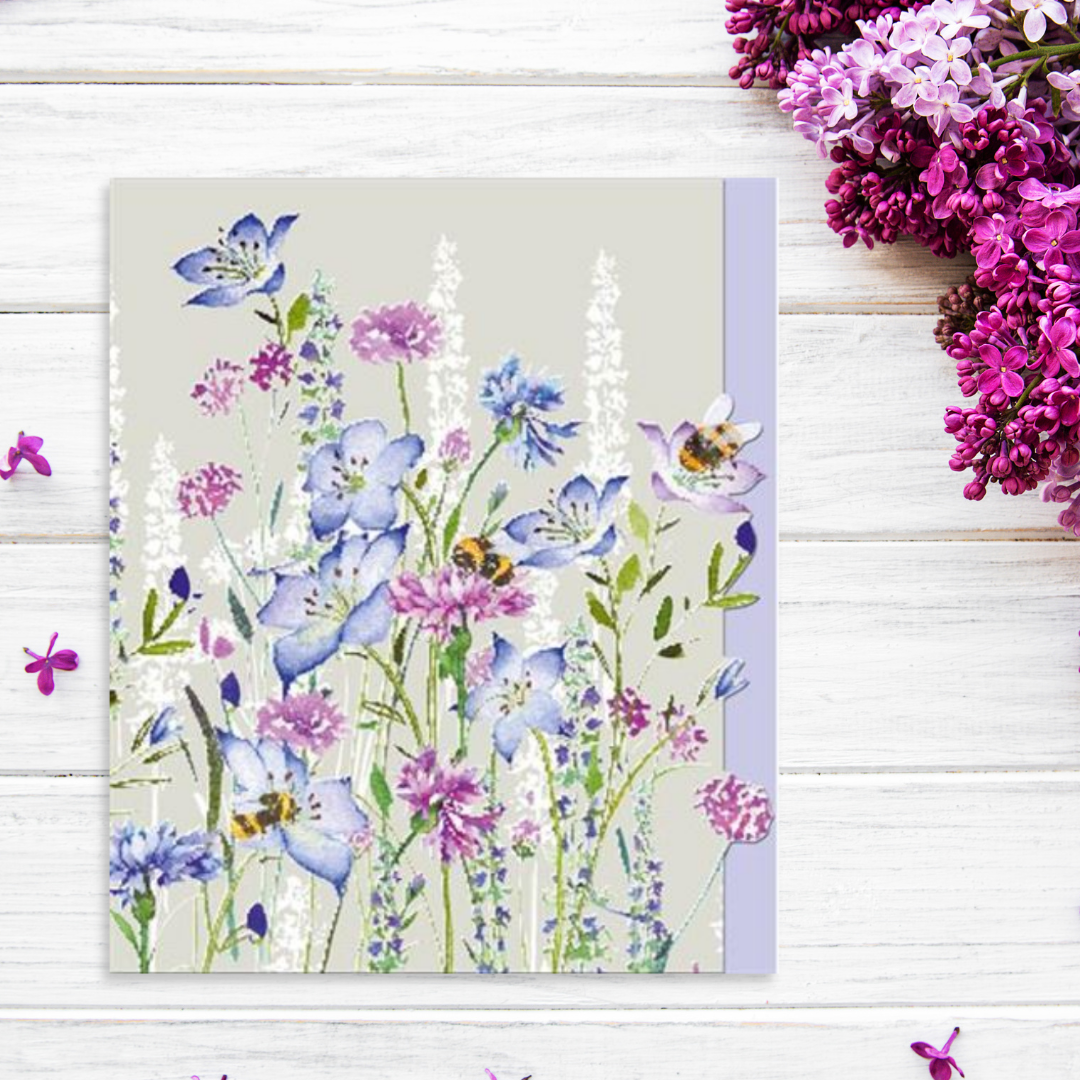 Blue and lilac flowers with bees on die cut card
