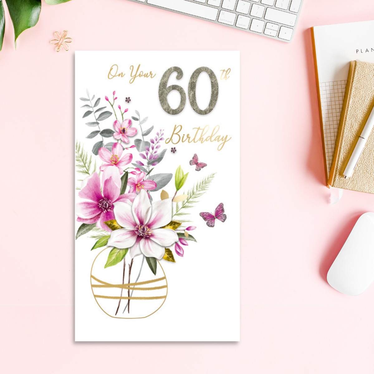 Slim card with white and purple flowers in large vase with decoupage numbers and gold text