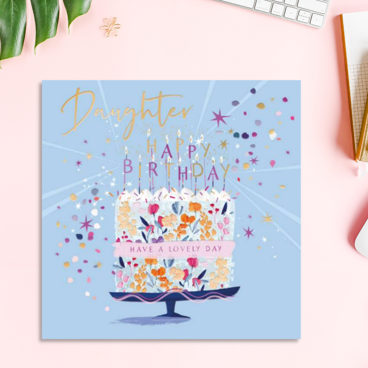 Square pale blue card with floral cake and candles with confetti design