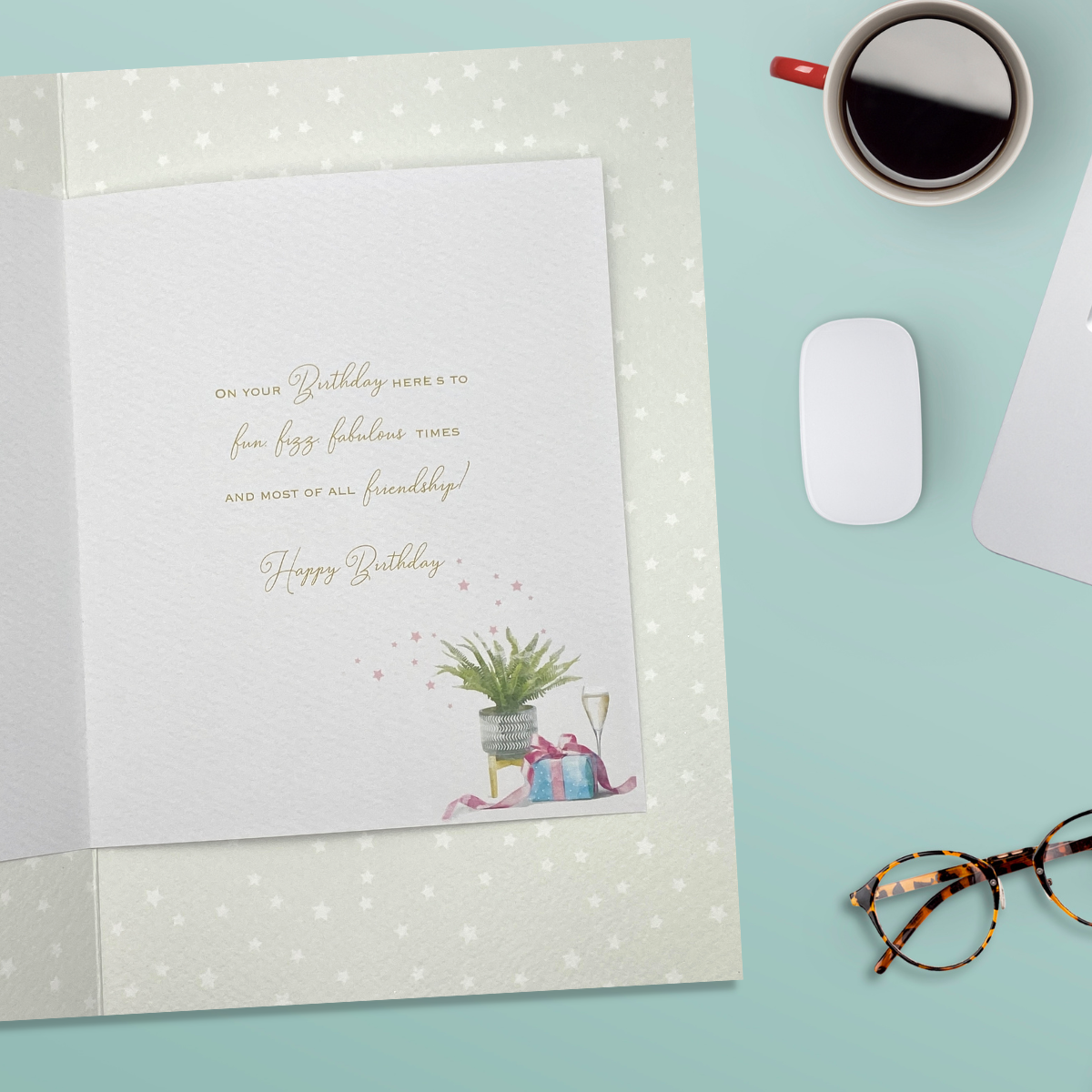 Inside image with colour printed star border and printed verse