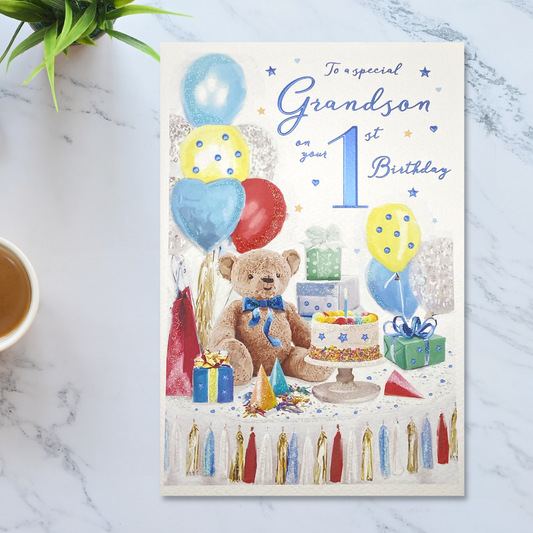 White card with teddy bears picnic scene and balloons