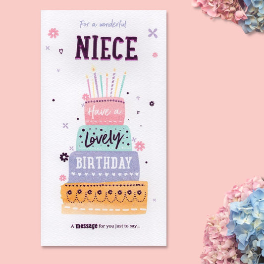 Slim white card with pastel colour birthday cake and candles
