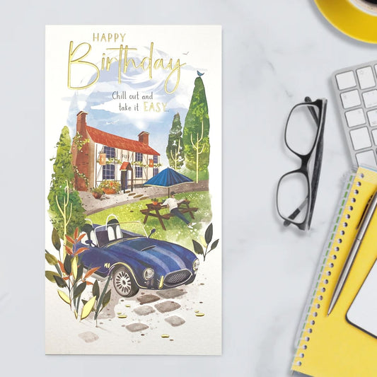 Slim white card with blue classic car and pub scene illustration