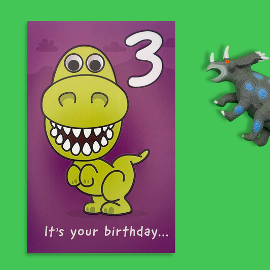 Front image showing cute green dinosaur on purple background