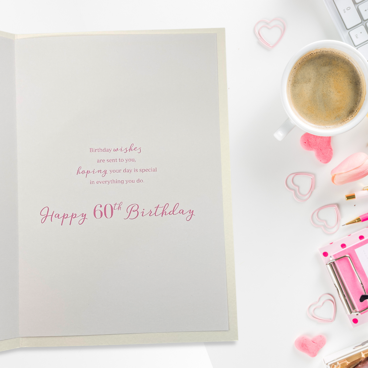 Inside image with colour printed insert and pink text