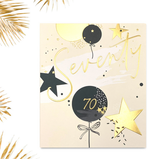 Front image from the starstruck range, rose gold square card with black and gold balloons and stars.