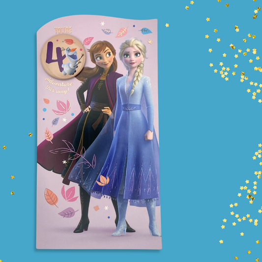 Front Image of Age 4 frozen card with Anna and Elsa with badge