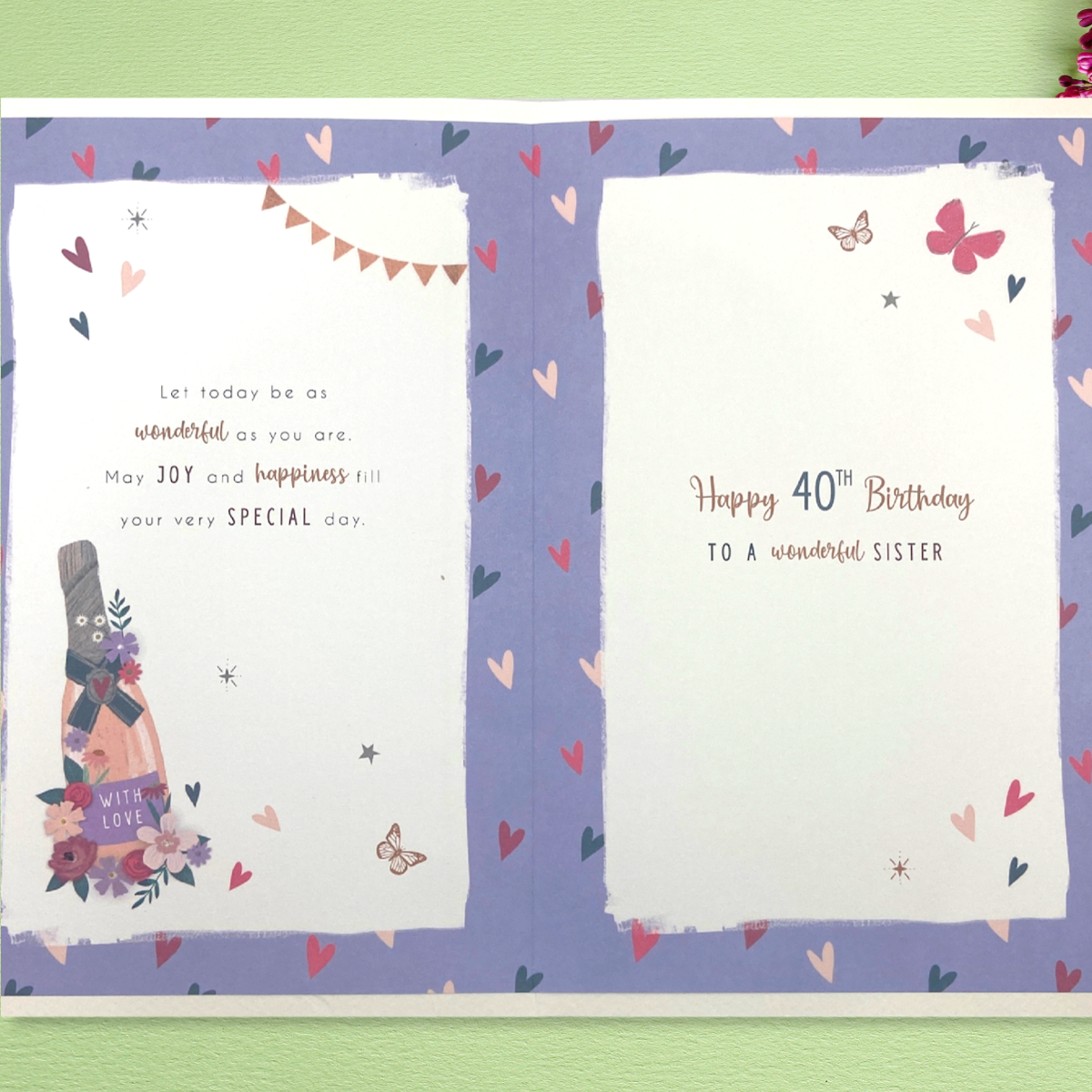 Inside with full colour insert and illustrations. Pink and purple theme with verse