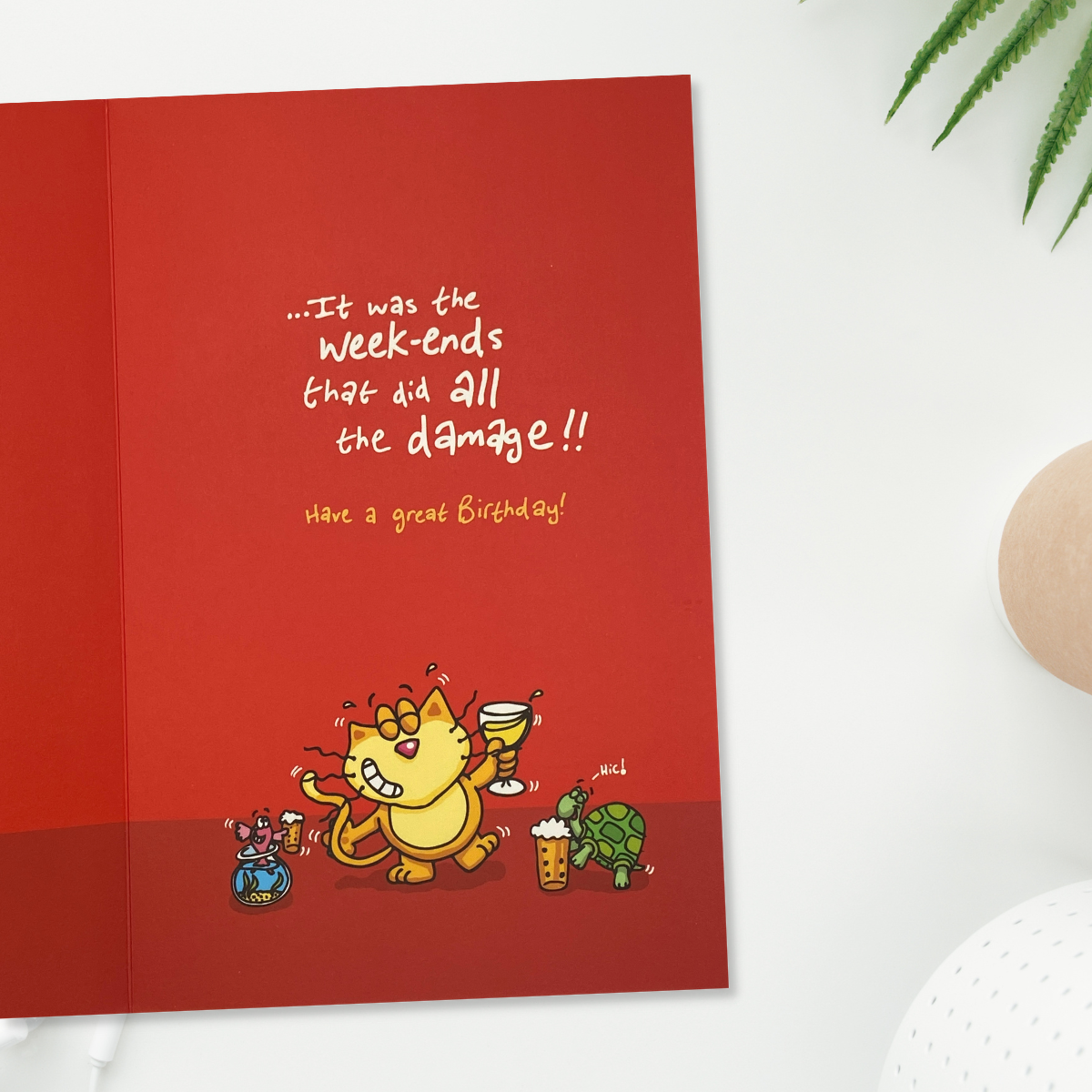 Inside image showing red design with further cartoon animals and verse